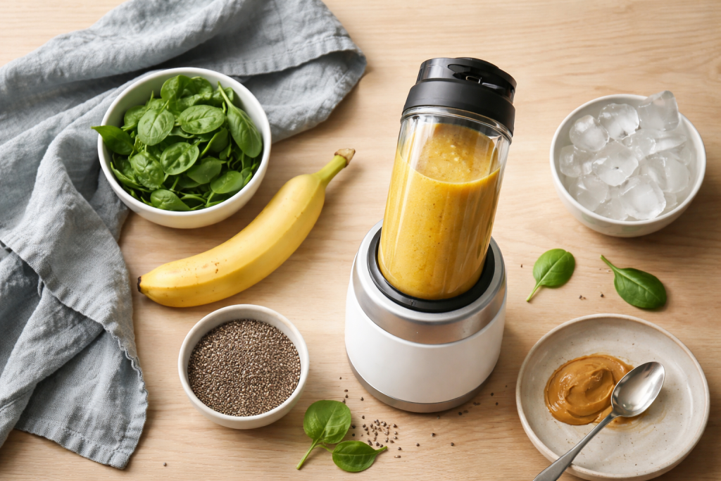 mixeur à smoothie avec smoothie jaune et ingrédients frais