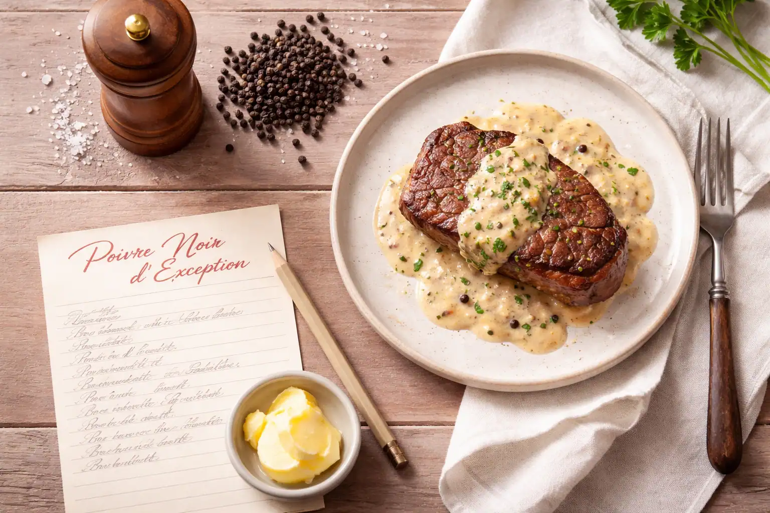 Poivre noir en grain sur table rustique avec steak et moulin