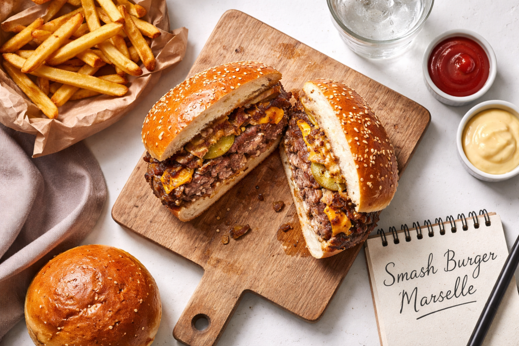smash burger marseille coupé en deux sur plateau avec frites et sauces