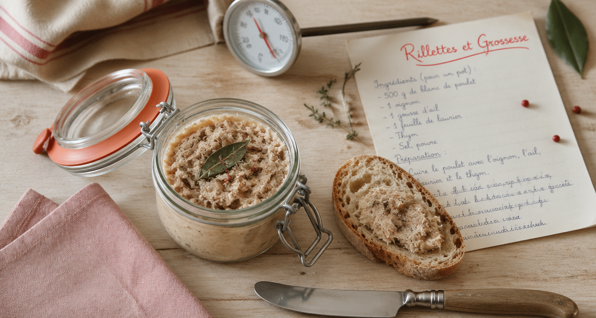 Rillette industrielle et grossesse sur table en bois, bocal, pain et fiche recette