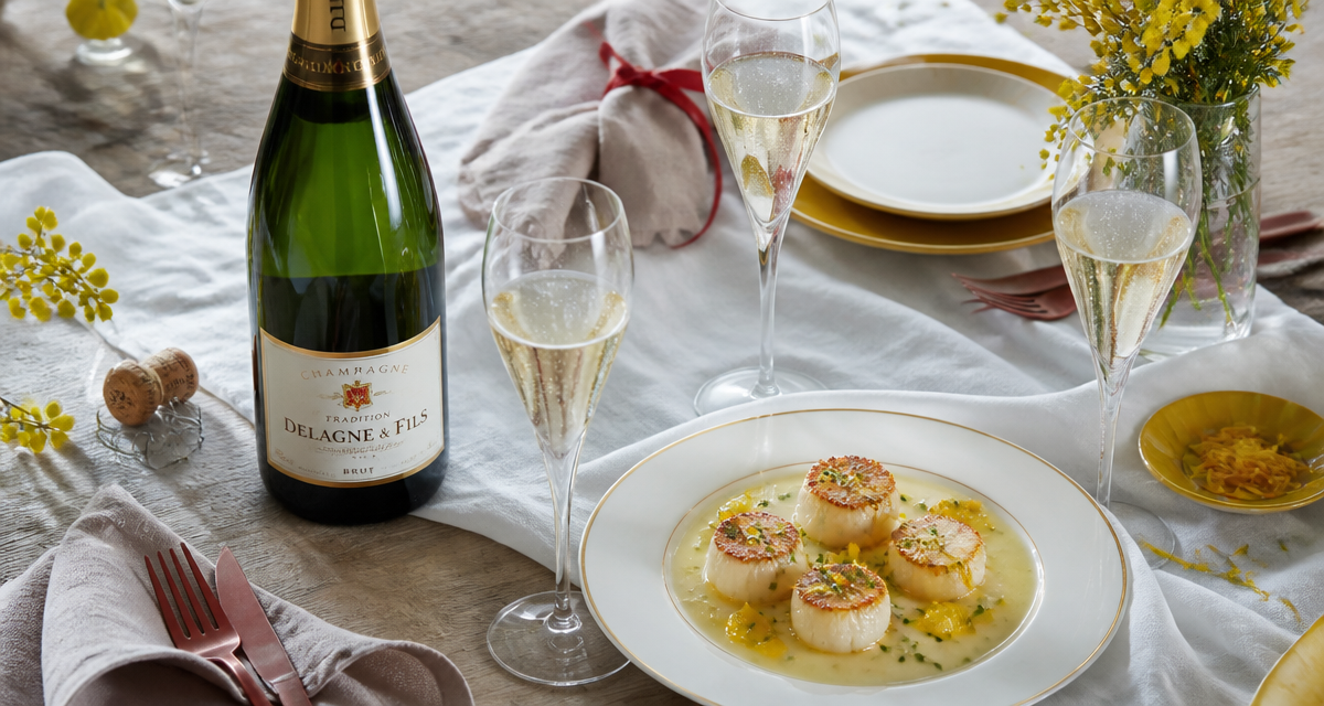 champagne tradition de delagne bouteille et saint-jacques sur table