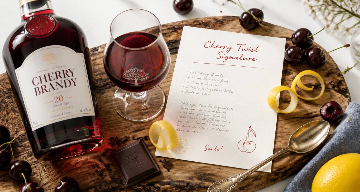 Cherry brandy liqueur, cerises noires et cocktail sur table