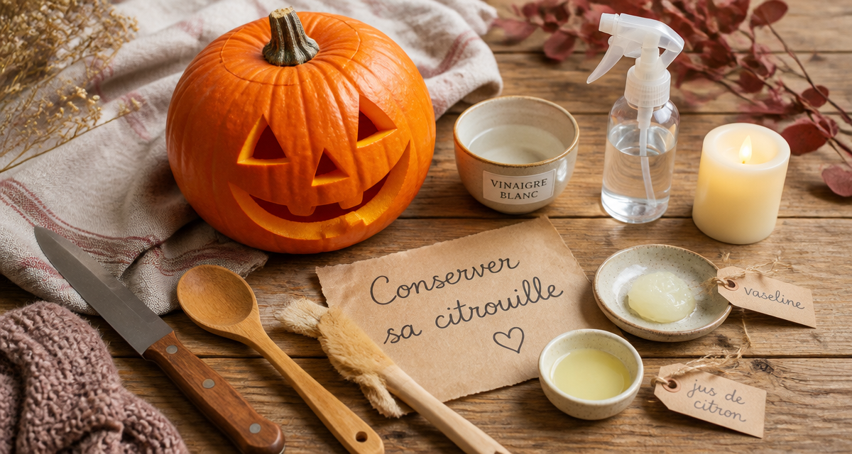 conserver citrouille halloween sur table avec ustensiles