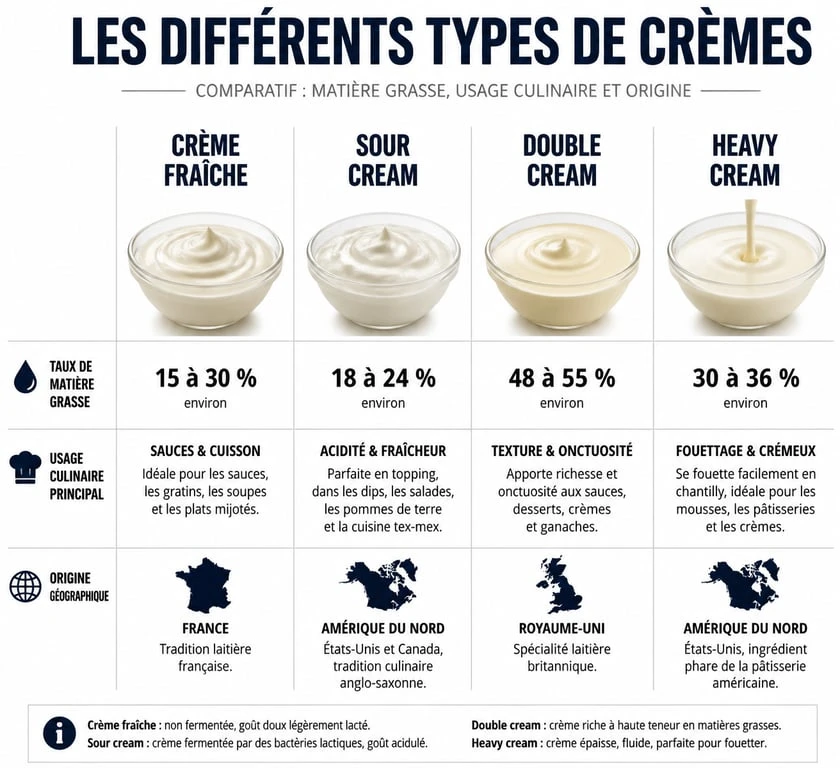 Tableau comparatif des types de crèmes et leurs usages en cuisine