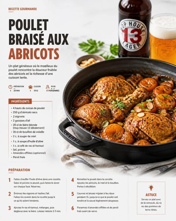 Poulet braisé aux abricots à la bière Hop House 13 dans une cocotte