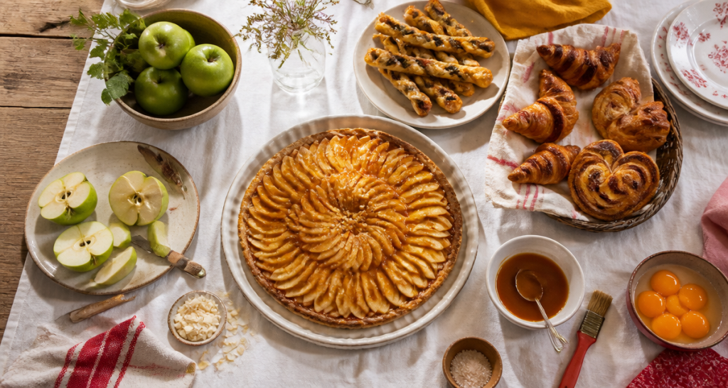 Recette avec de la pate feuilletee sur table rustique, tarte fine et feuilletés variés