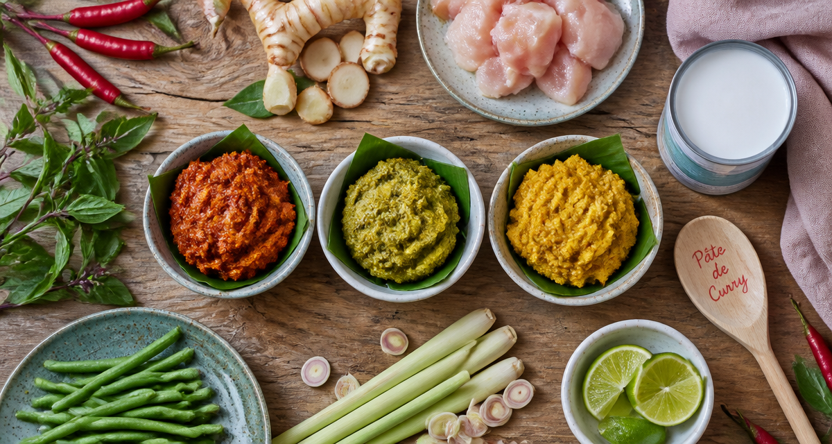 recette avec pate de curry bol rouge verte jaune sur table