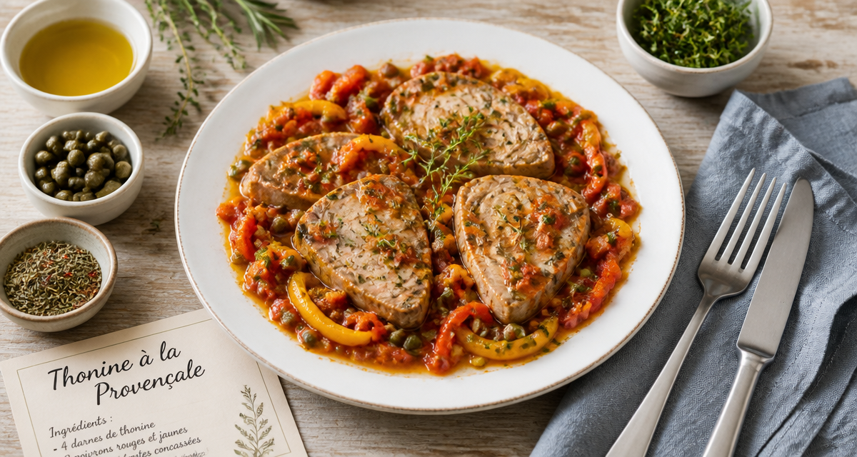 recette thonine à la provençale, assiette avec sauce et légumes