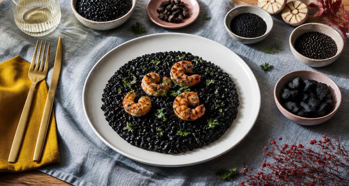 Risotto noir et aliments noirs sur table