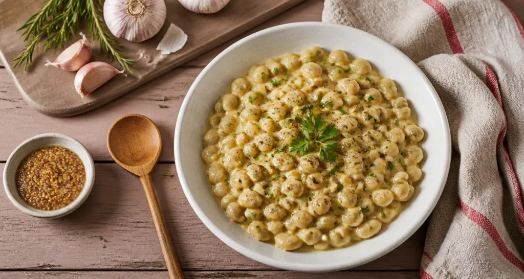 Accompagnement flageolet en crème et moutarde, persil et romarin
