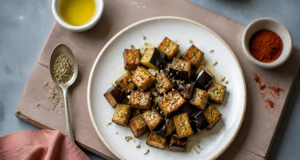 Aubergine air fryer fondante, cubes dorés à l’huile