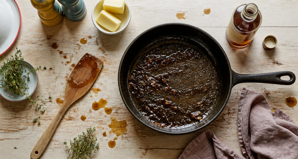 déglacer au vinaigre sur poêle avec sucs et sauce