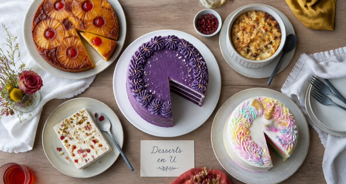 Dessert en U variés sur table, photo flat-lay gourmande