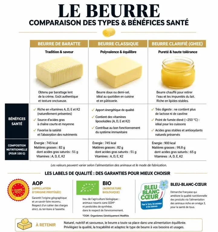 Infographie comparative sur les différents types de beurre pour la santé et les labels de qualité