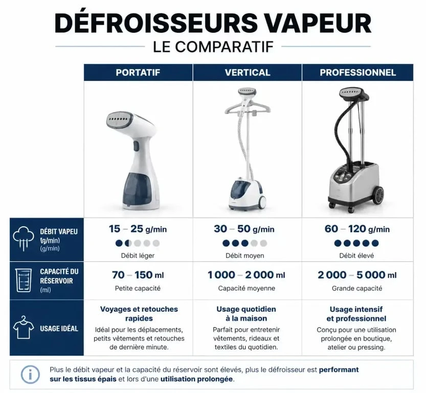 Infographie comparative pour choisir son défroisseur vapeur : portatif, vertical ou professionnel