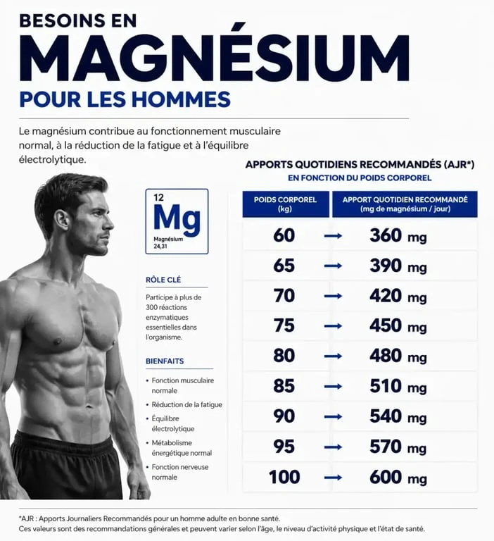 Infographie des besoins quotidiens en magnésium pour homme selon le poids