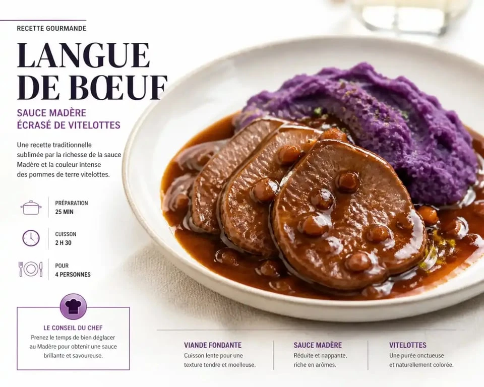 Langue de bœuf sauce Madère et son accompagnement d'écrasé de vitelottes
