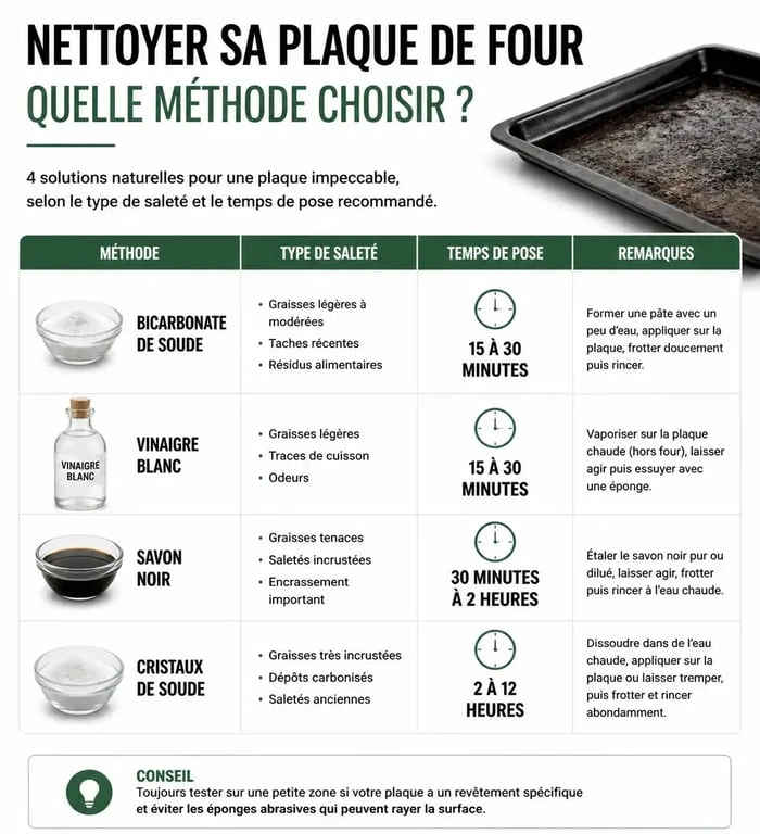 Tableau comparatif des méthodes pour nettoyer une plaque de four efficacement