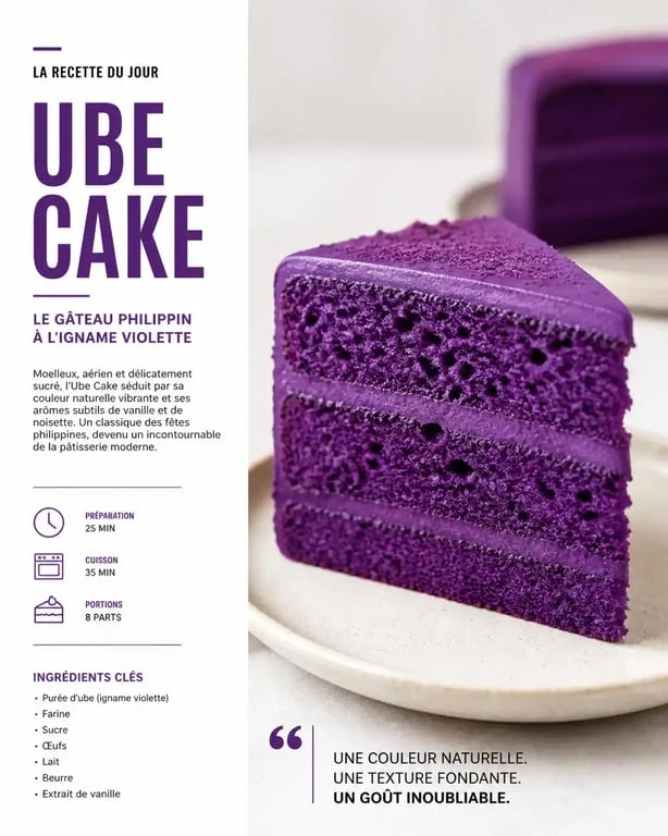 Ube Cake violet, dessert philippin traditionnel, présenté sur une assiette pour illustrer les desserts en U.