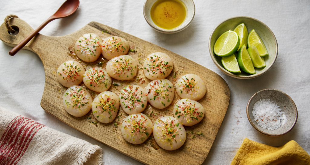marinade saint-jacques avant cuisson avec citron et huile d'olive