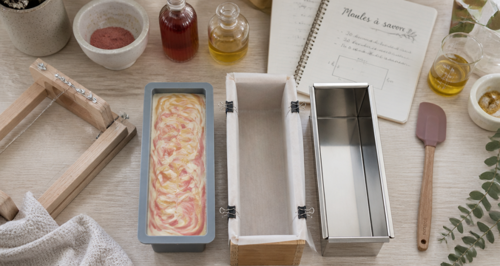 Moule pour savon silicone bois inox sur plan de travail