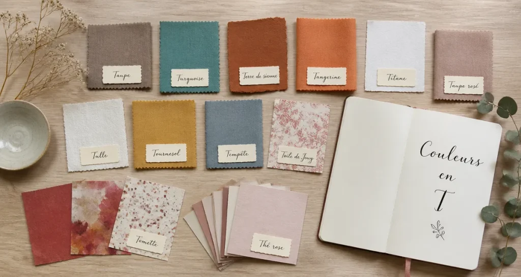 Nuancier couleur en t sur table bois clair