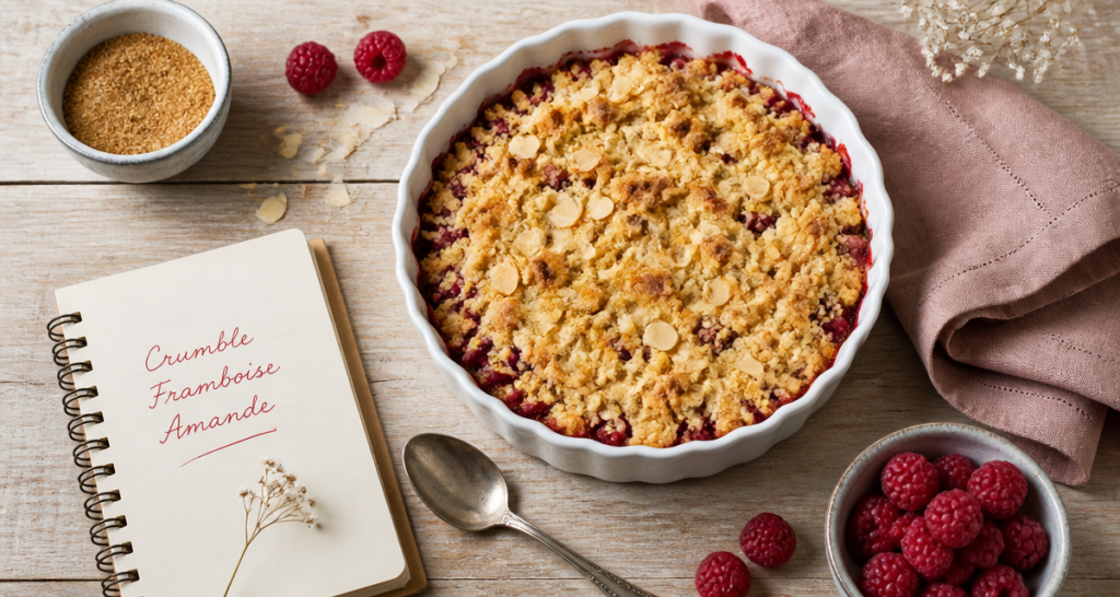 recette crumble framboise poudre amande en plat céramique