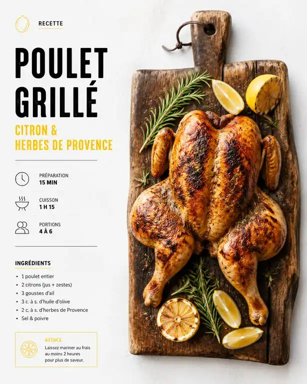 Poulet mariné au citron et herbes de Provence cuit au barbecue pour cuisine extérieure