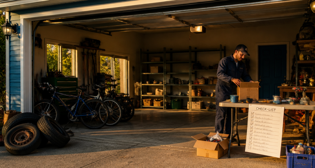 débarrasser un garage homme triant objets