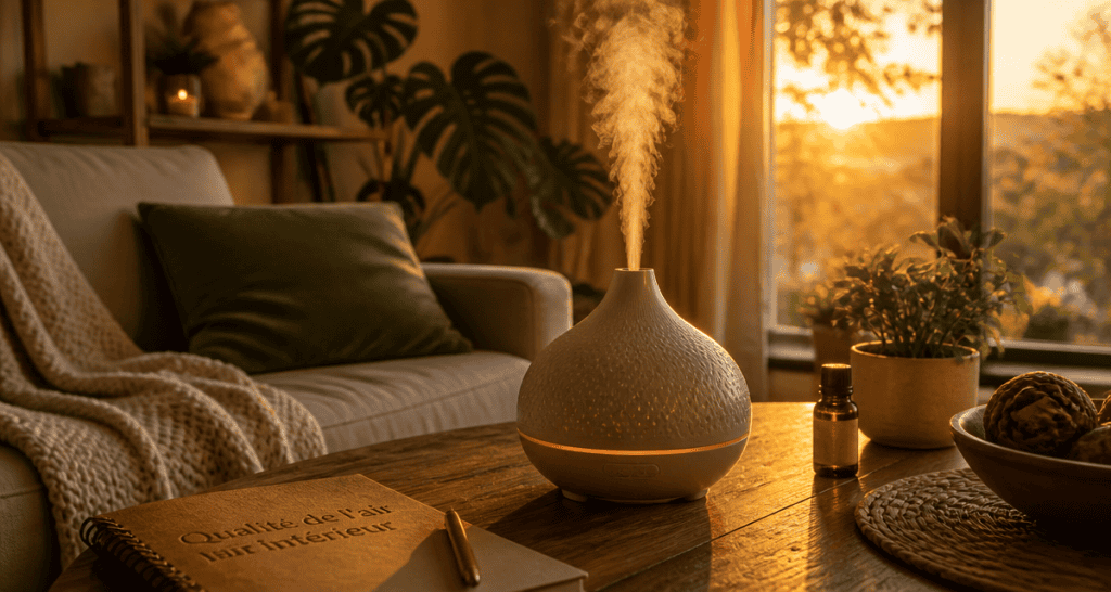 diffuseur humidificateur huile essentielle sur table bois