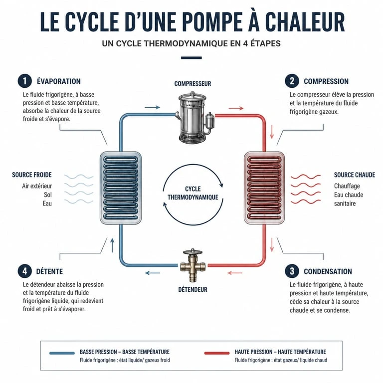 Schéma du fonctionnement d'une pompe à chaleur et de son cycle thermodynamique