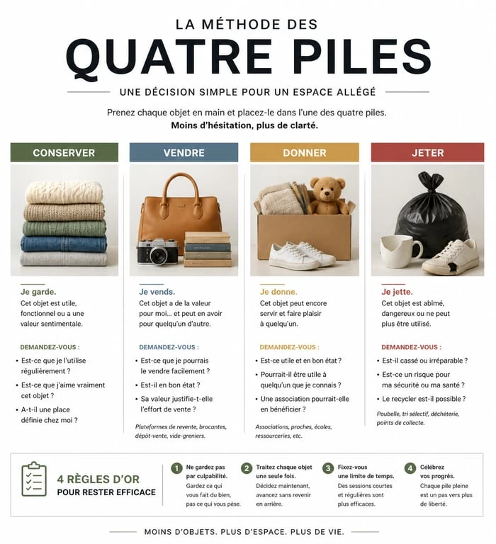 Infographie de la méthode des quatre piles pour le vidage maison