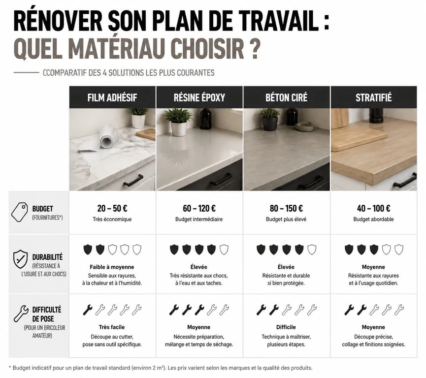 Infographie comparative des matériaux pour le revêtement de plan de travail de cuisine : prix, durabilité et pose.