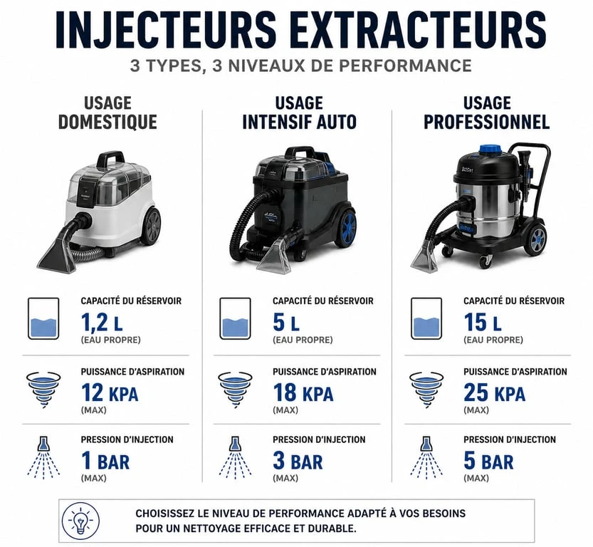 Infographie comparative des caractéristiques techniques des injecteurs extracteurs pour le nettoyage