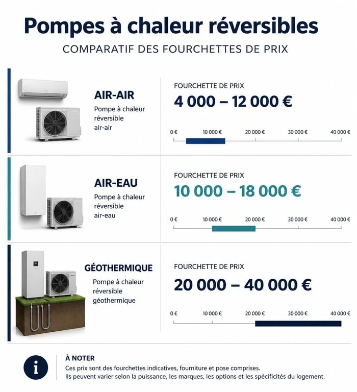 Comparatif des prix moyens des pompes à chaleur réversibles par technologie