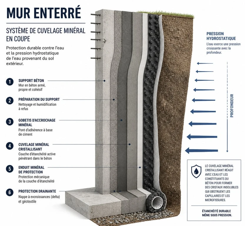 Schéma technique de cuvelage de mur enterré pour l'étanchéité