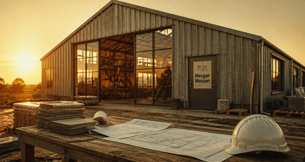 hangar aménagé en maison avec travaux et matériaux