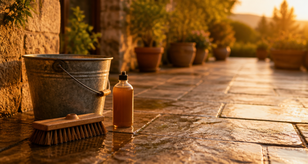 nettoyer dalle de terrasse avec balai et savon noir