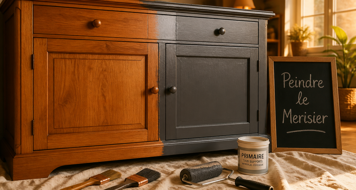 peindre un meuble merisier moitié peint gris anthracite