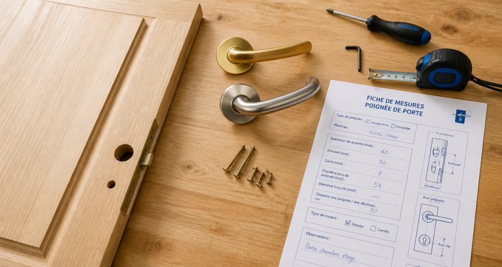 poignee bec de cane laiton et inox sur plan de travail