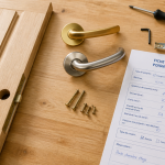 poignee bec de cane laiton et inox sur plan de travail
