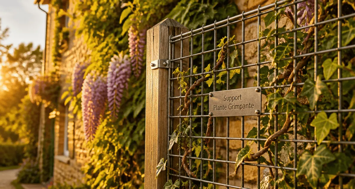 support plante grimpante sur treillis acier façade pierre