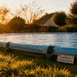 couverture piscine ronde sur piscine bleue au jardin