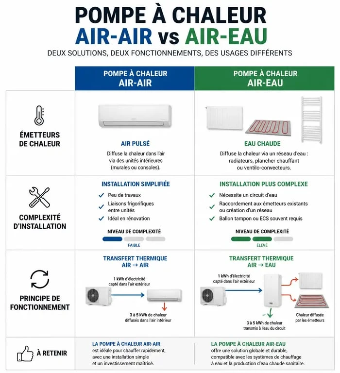 Comparatif installation pompe à chaleur air-air et air-eau avec radiateurs électriques