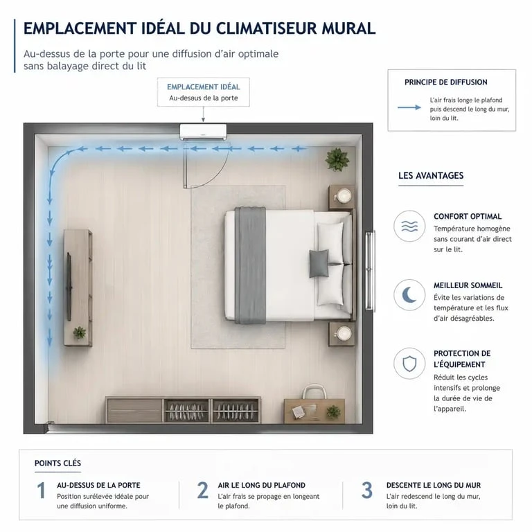 Schéma d'installation optimale d'une climatisation dans une chambre pour éviter les courants d'air directs