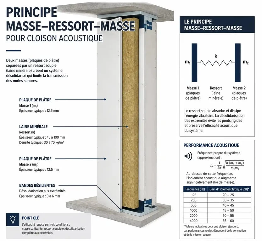 Schéma du principe masse-ressort-masse pour l'isolation d'une cloison entre 2 chambres