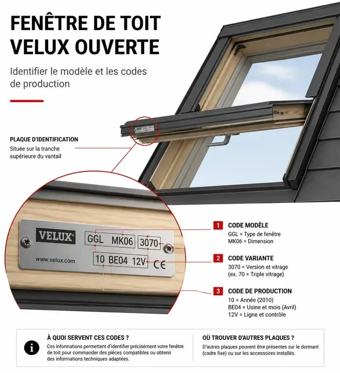 Schéma explicatif pour identifier la plaque signalétique d'un moteur électrique pour Velux