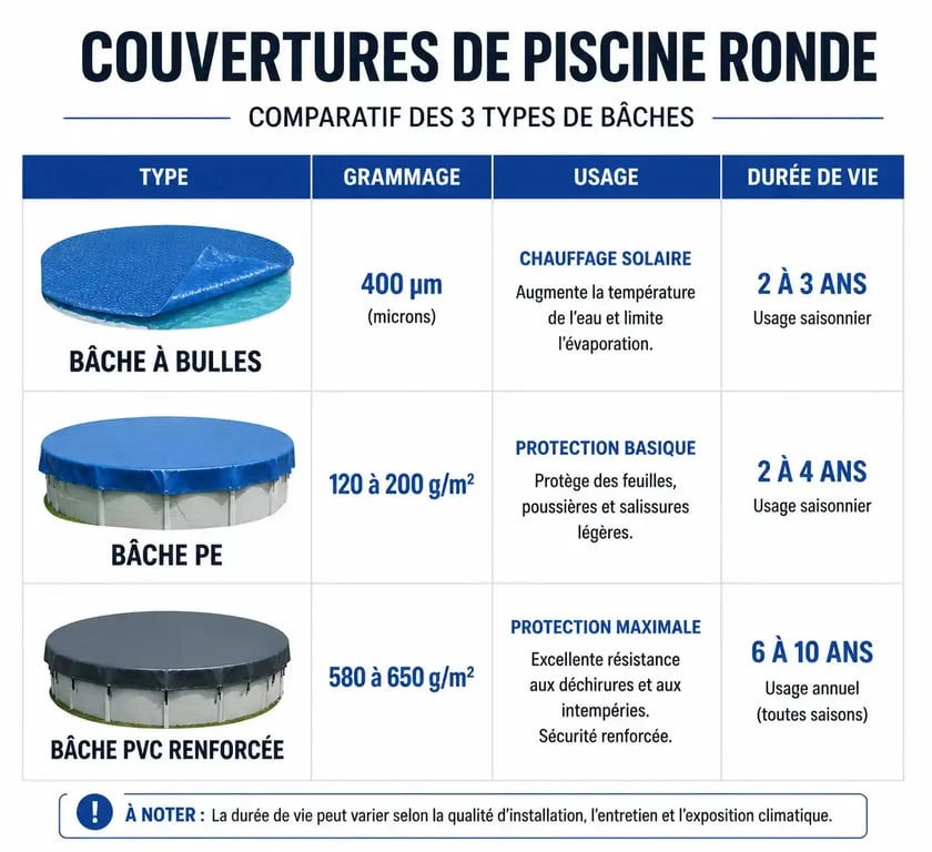 Tableau comparatif des différents types de couverture piscine ronde selon leur usage et durabilité