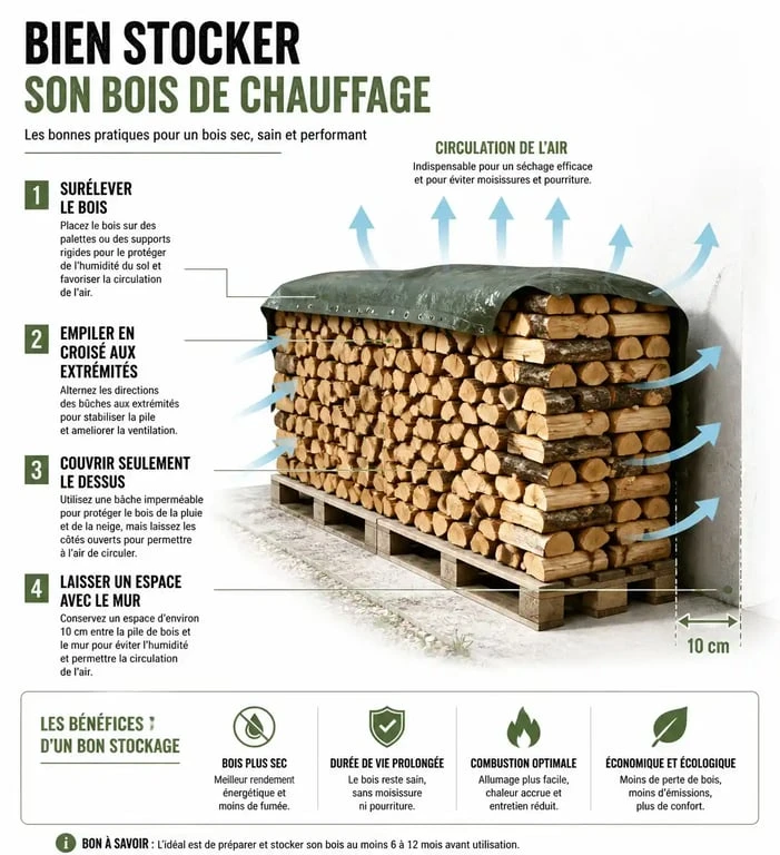 Infographie des bonnes pratiques pour ranger son bois de chauffage efficacement
