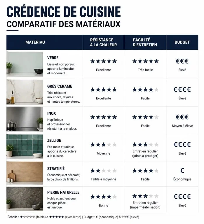 Tableau comparatif des matériaux pour choisir sa crédence de cuisine
